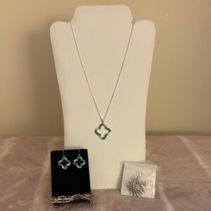 Clover necklace earrings, and bracelet matching set | Silver tone | Turquoise |